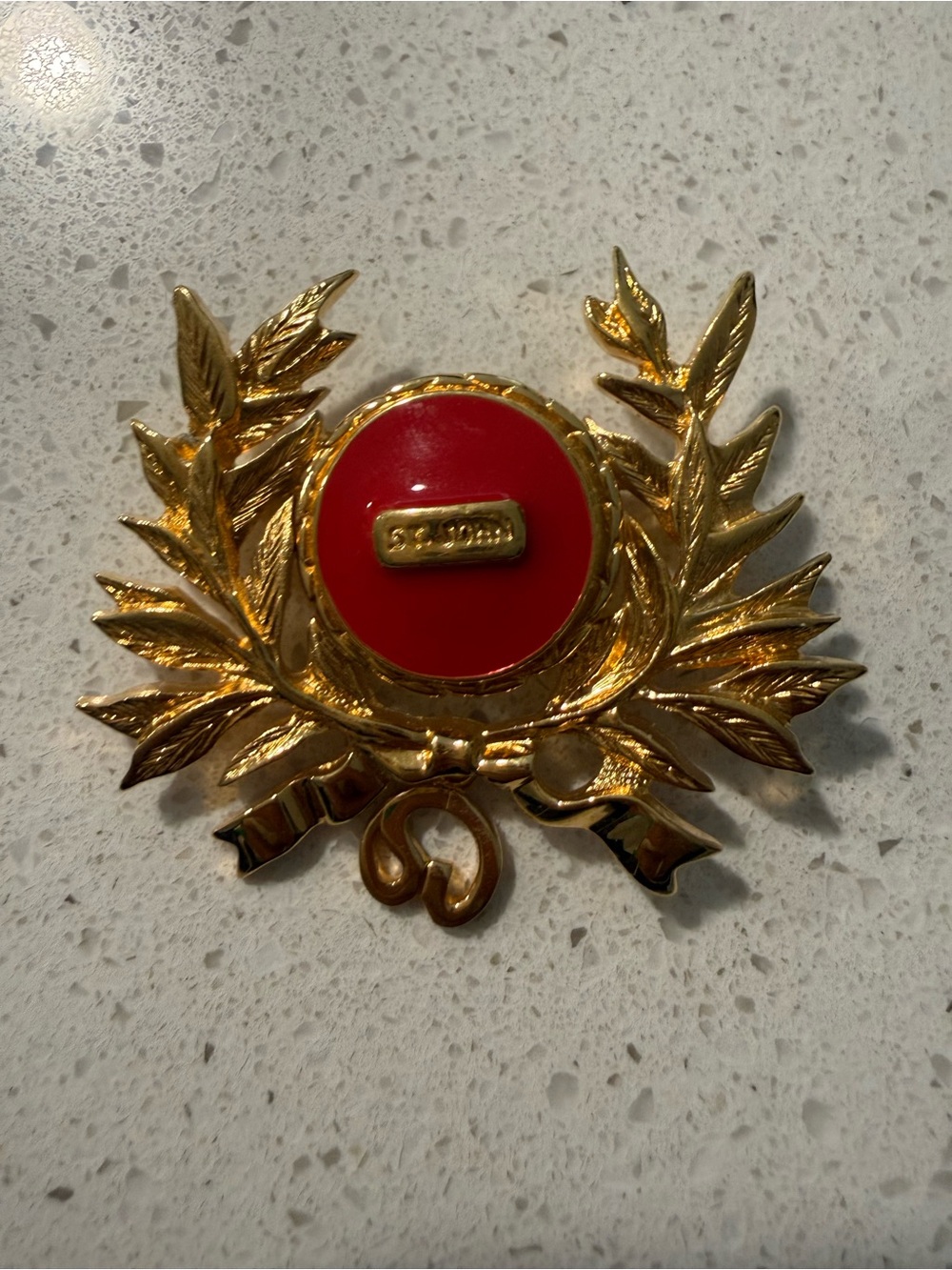 St. John Gold-Tone Laurel Brooch with Red Center